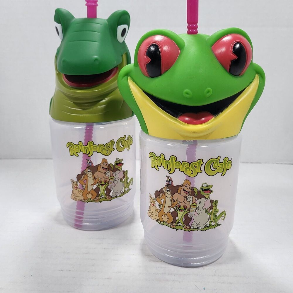 Set of 2 Rainforest Cafe Frog Crocodile‎ Kids Plastic Souvenir Cups Straw Handle